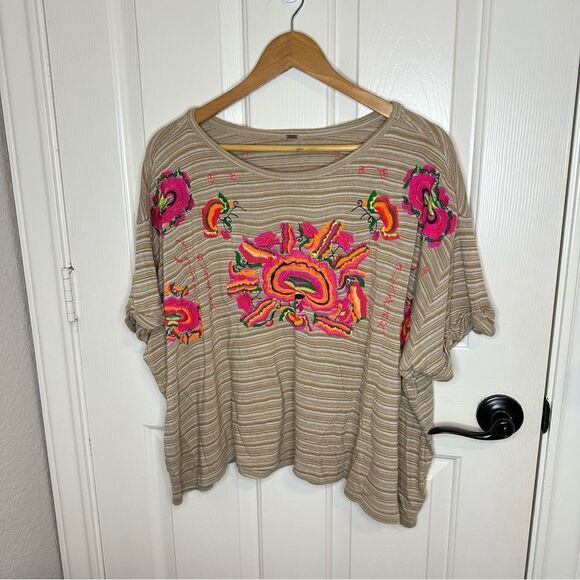Free People Catalunya Tan White Striped Floral Embroidered Top Sz M Boho Preppy - Picture 2 of 8